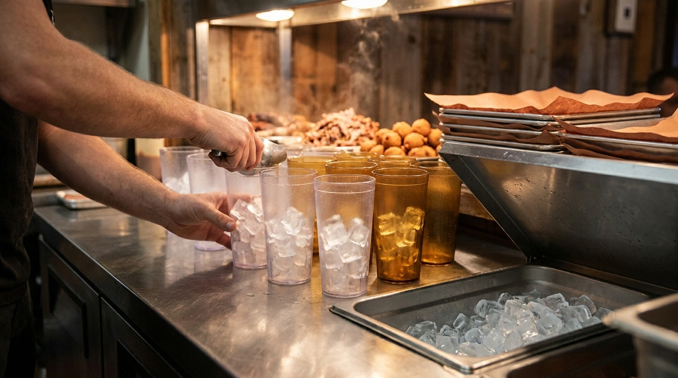 A server's hands scooping cubed ice from a stainless ice well into clear and amber sweet-tea glasses on a counter rail, with chopped pork and hush puppies blurred in the background