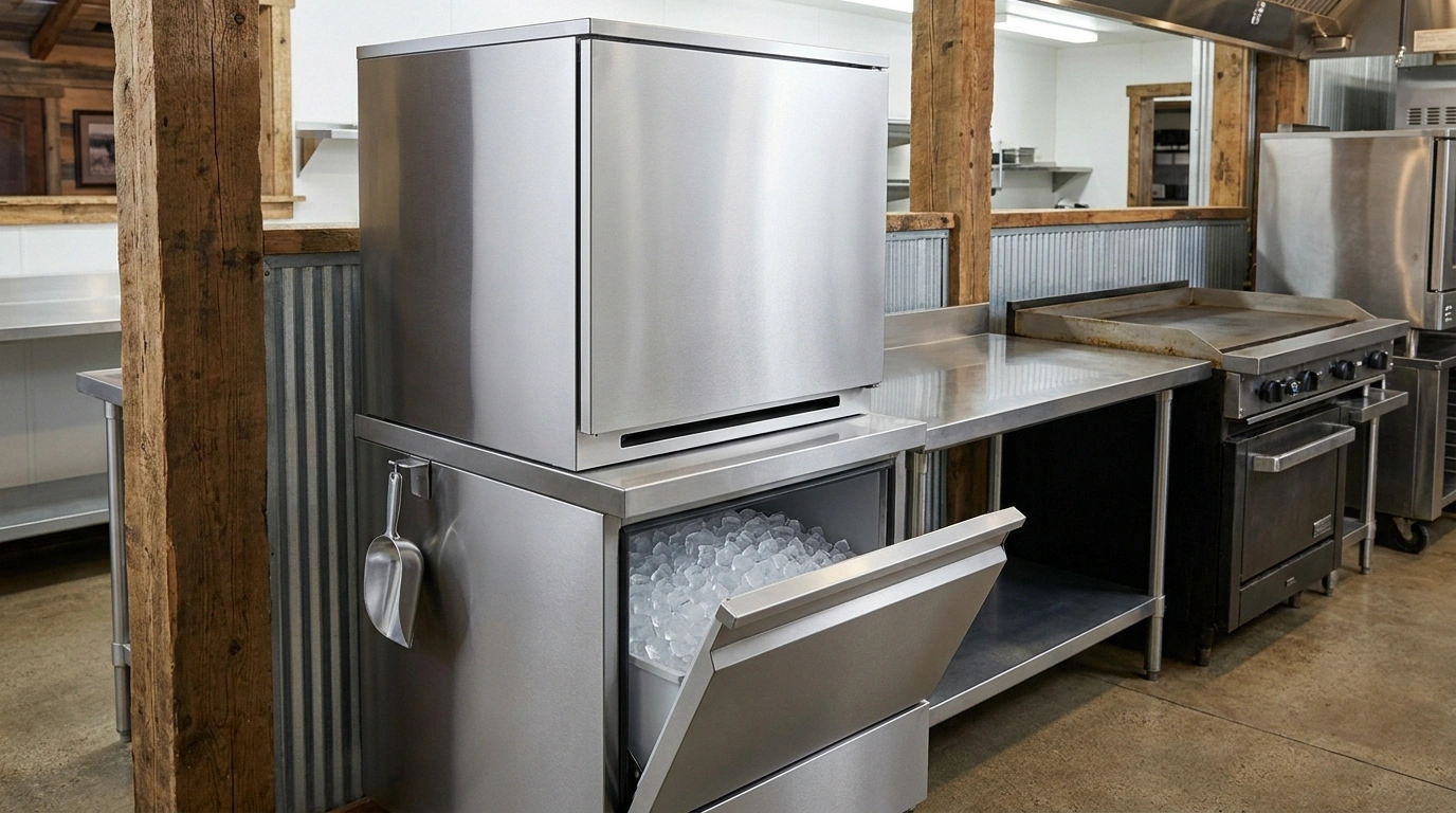 Stainless commercial modular ice machine head on a cubed-ice storage bin in a rustic North Dakota ranch kitchen