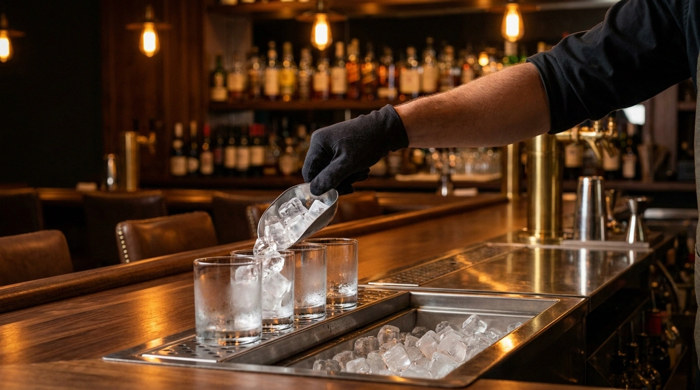 A gloved hand and forearm scooping clear cubed ice from a built-in stainless steel ice well into a row of clear glasses on a polished dark walnut bar, with leather chairs, a brass beverage tower, edison-bulb pendants, and a softly blurred stocked back-bar behind
