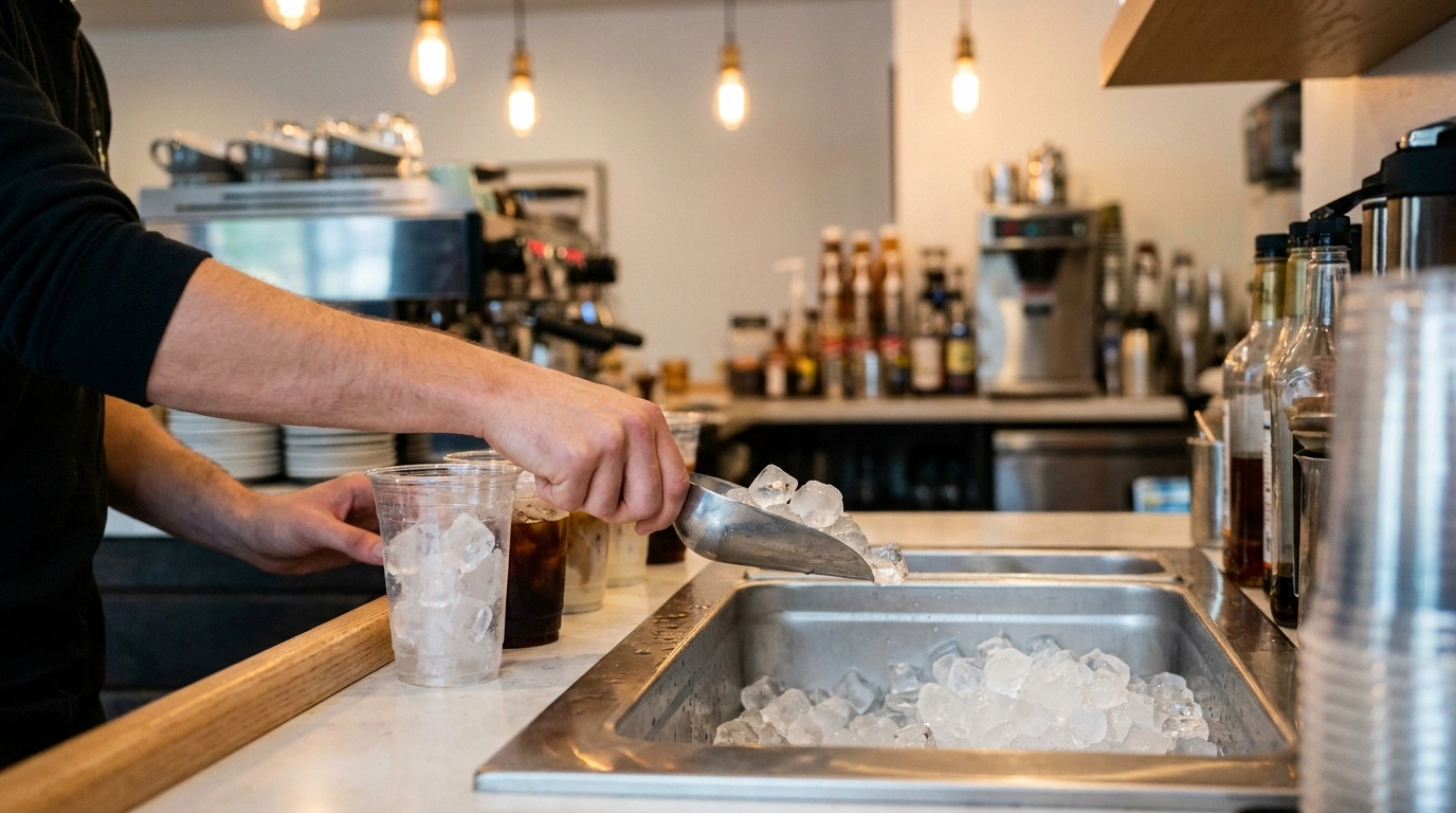 A barista's hands scooping ice from a stainless ice well into clear iced-coffee cups on a cafe counter with condensation
