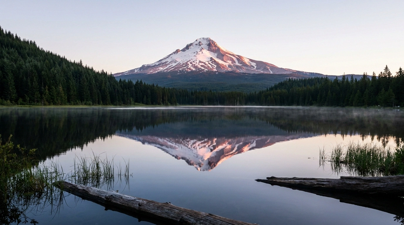 Snow-capped symmetrical peak of Mount Hood reflected in a calm forest-lined lake at golden-hour dawn in Oregon