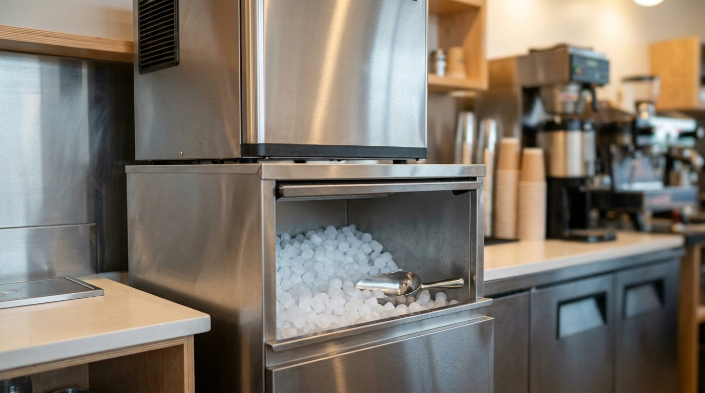 A stainless commercial nugget-ice machine over an open bin heaped with soft white pellet ice and a metal scoop in a coffee-bar back-of-house