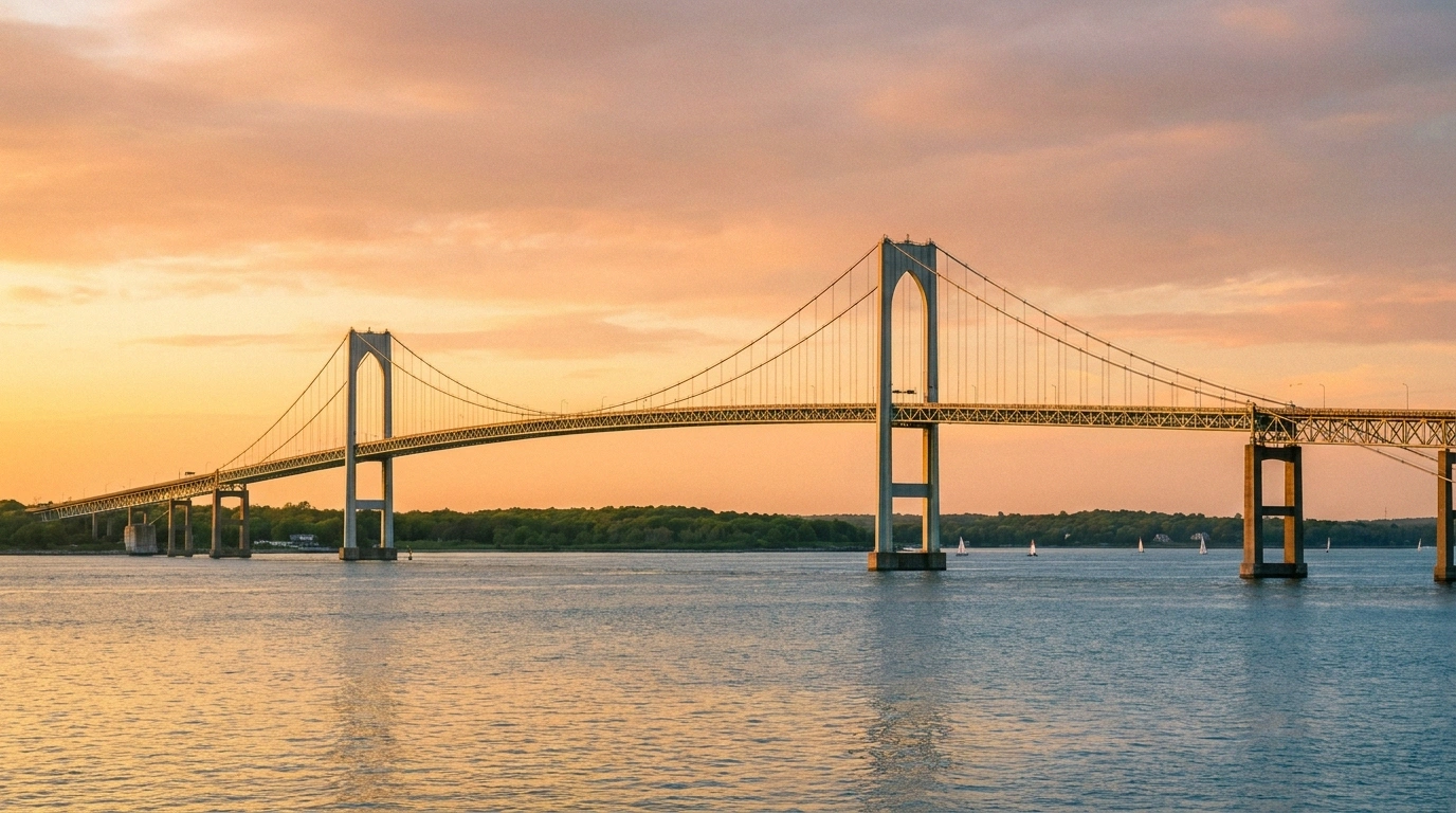 Long steel suspension bridge with two tall towers crossing calm golden-lit bay water, low wooded shoreline and tiny distant sailboats under a warm sunset sky