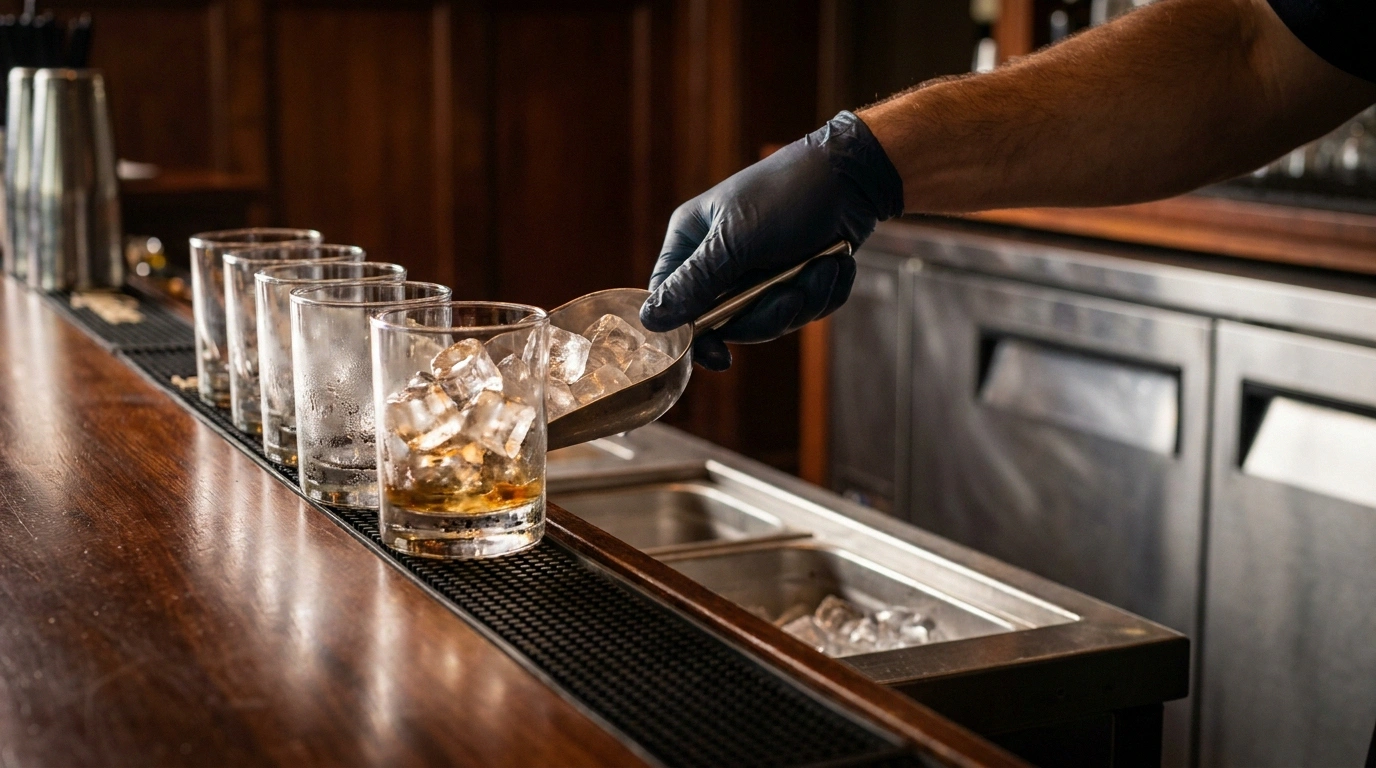 Gloved hand and forearm scooping cubed ice with a stainless scoop from a built-in stainless ice well into a row of clear glasses on a polished dark-wood bar rail