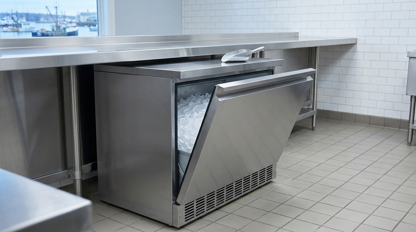 Low stainless undercounter ice machine built in beneath an unbroken stainless worktop counter, front door ajar revealing a mound of cubed ice, front ventilation grille on the cabinet face and a scoop on the counter above