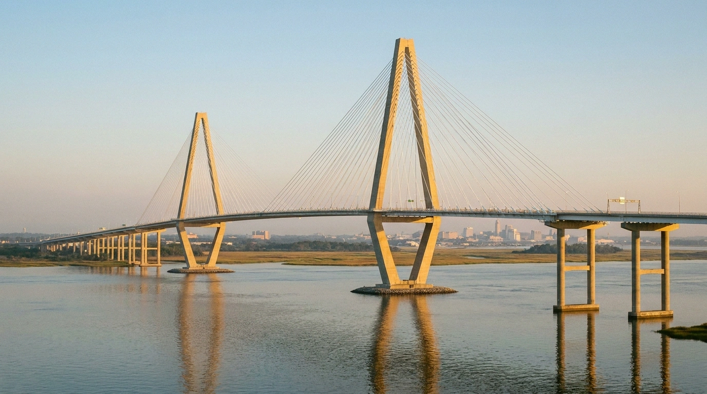 Cable-stayed Arthur Ravenel Jr. Bridge with two diamond-shaped towers and fan-array steel cables crossing the Cooper River at sunset, with the faint Charleston skyline in the distance