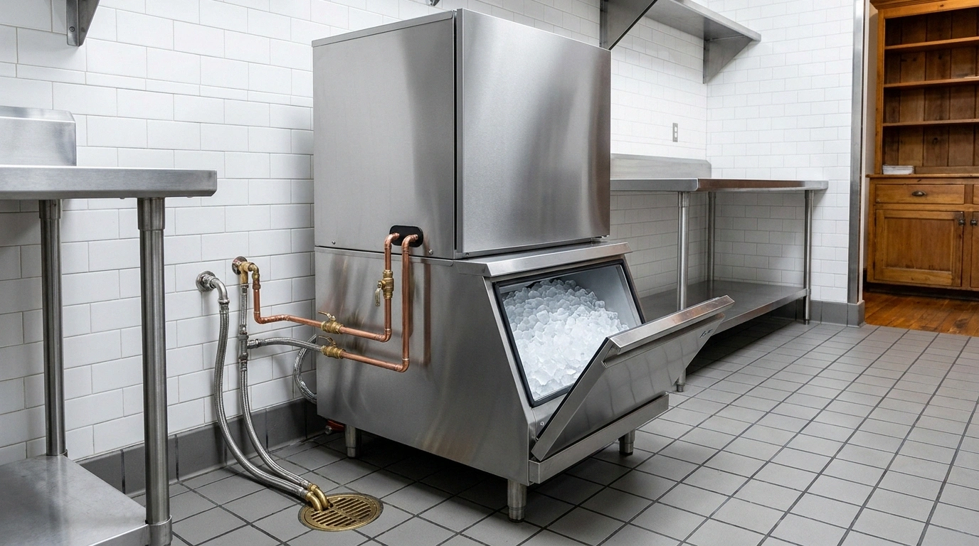 Stainless modular ice maker head on a matching storage bin with smooth louver-free sides and a full mound of cubed ice, its copper supply lines and braided-stainless hoses with brass shutoff valves running down the subway-tile wall to a round floor drain set in the tiled floor