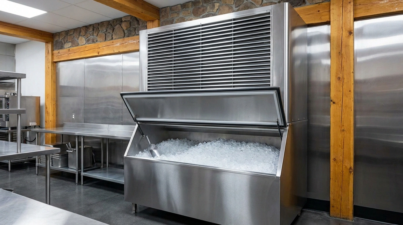 A large stainless air-cooled commercial ice machine with a wide louvered front condenser grille atop a cubed-ice storage bin in a timber-and-stone South Dakota lodge kitchen