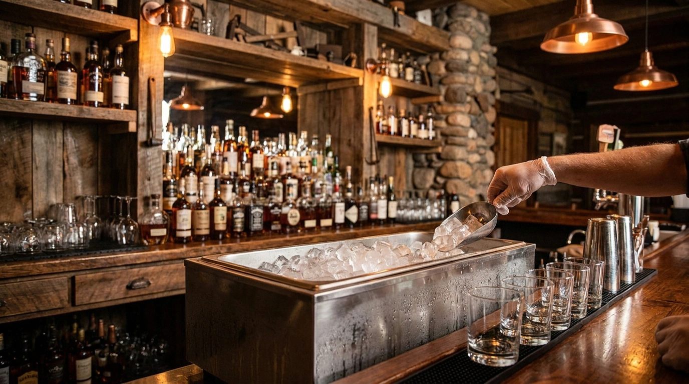 A gloved hand scooping cubed ice from a built-in stainless bar ice well into a row of glasses at a rustic South Dakota steakhouse bar