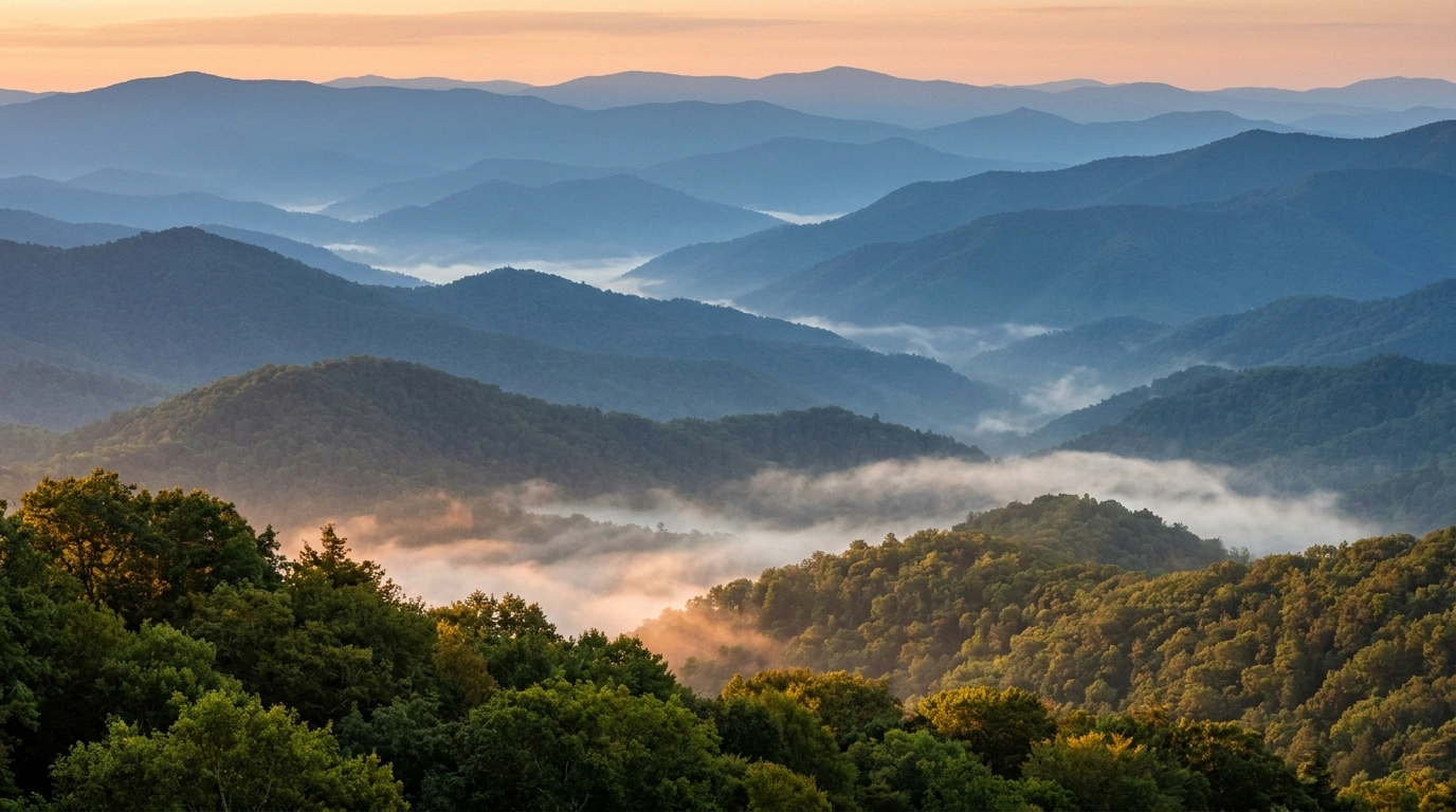 Layered blue-haze Appalachian ridgelines of the Great Smoky Mountains at sunrise, with morning fog pooling in the forested valleys and warm golden light on the green foreground treetops