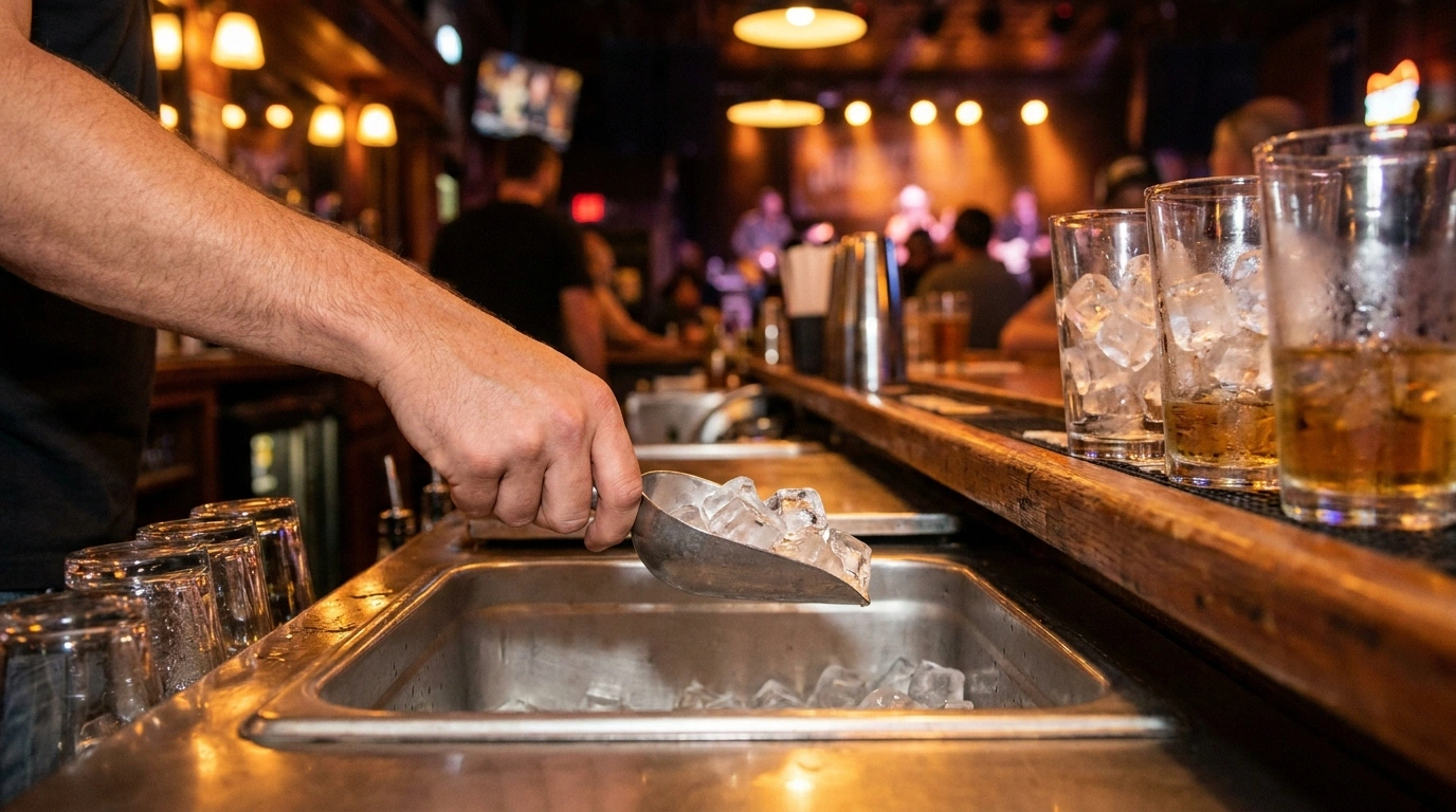 A bartender's hand scooping cubed ice from a built-in stainless ice well into glasses of iced sweet tea along a wooden bar rail, with a warm, blurred live-music crowd behind
