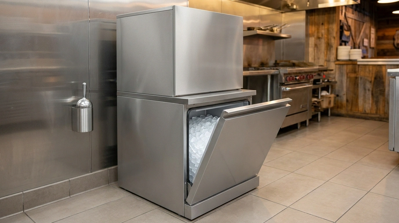 A clean, smooth-paneled stainless steel modular ice-maker head on a matching stainless storage bin with the bin door open showing cubed ice, a wall-mounted scoop alongside, set against a reclaimed-wood barbecue kitchen