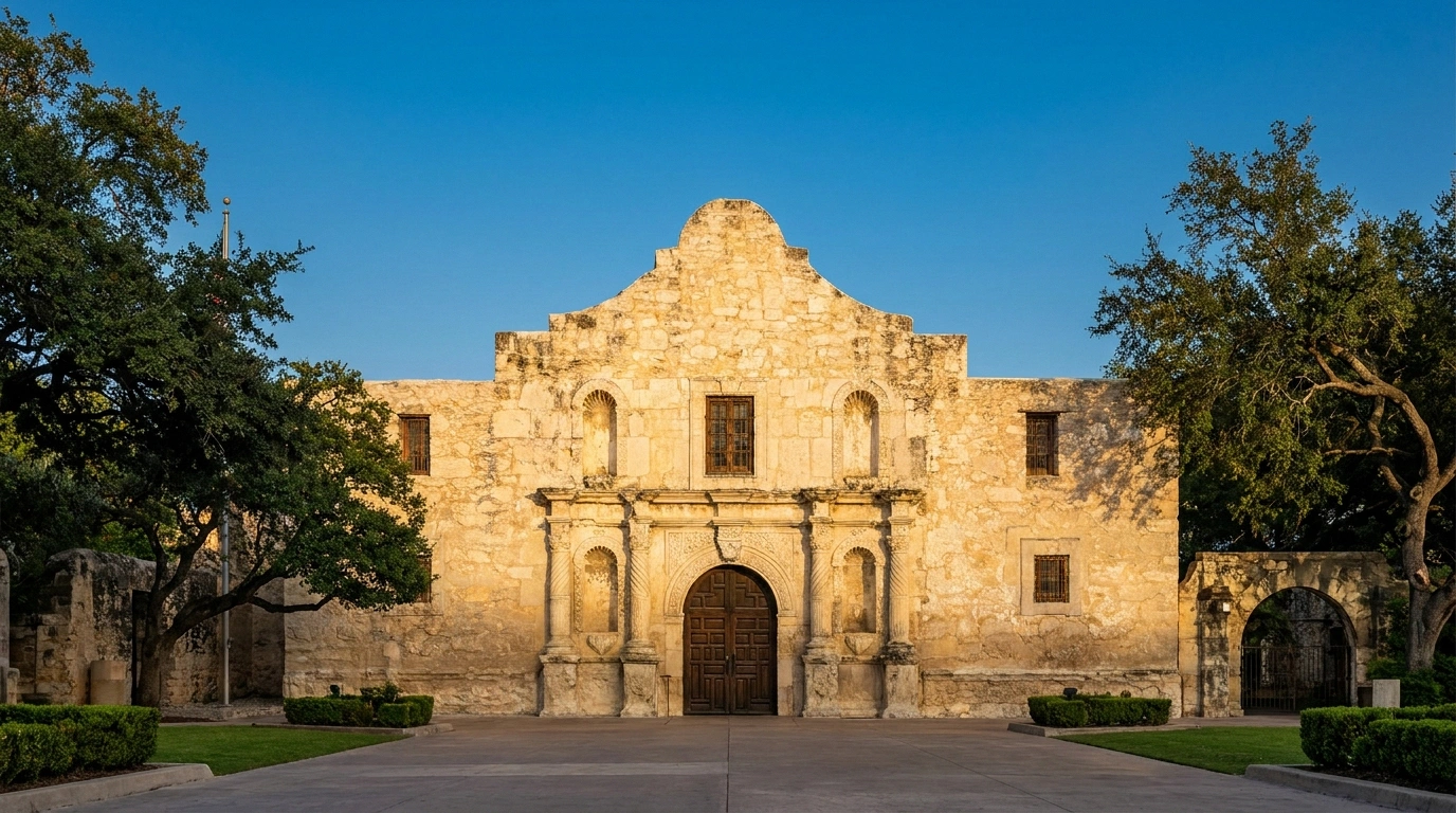The Alamo limestone mission facade in San Antonio, Texas at golden hour