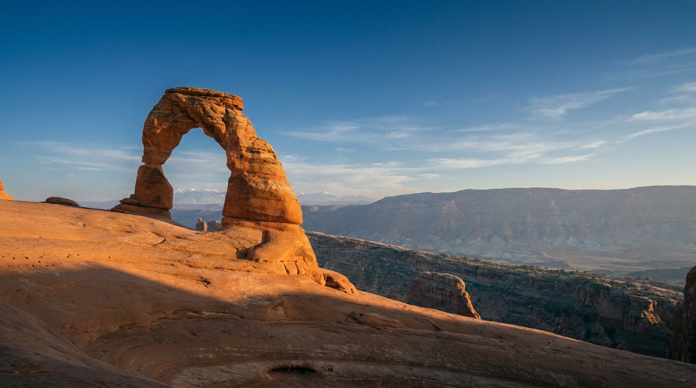 The freestanding curved sandstone Delicate Arch on an open slickrock bowl at golden hour, warm red-orange rock lit by low directional light, faint snow-dusted La Sal Mountains and a deep blue high-desert sky behind