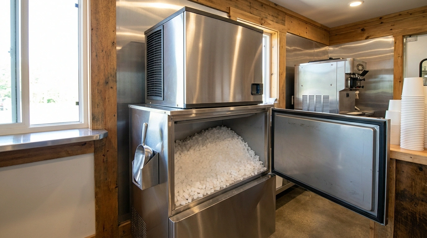 Stainless commercial nugget-ice machine on a storage bin filled with soft white nugget pellets at a Vermont creemee stand