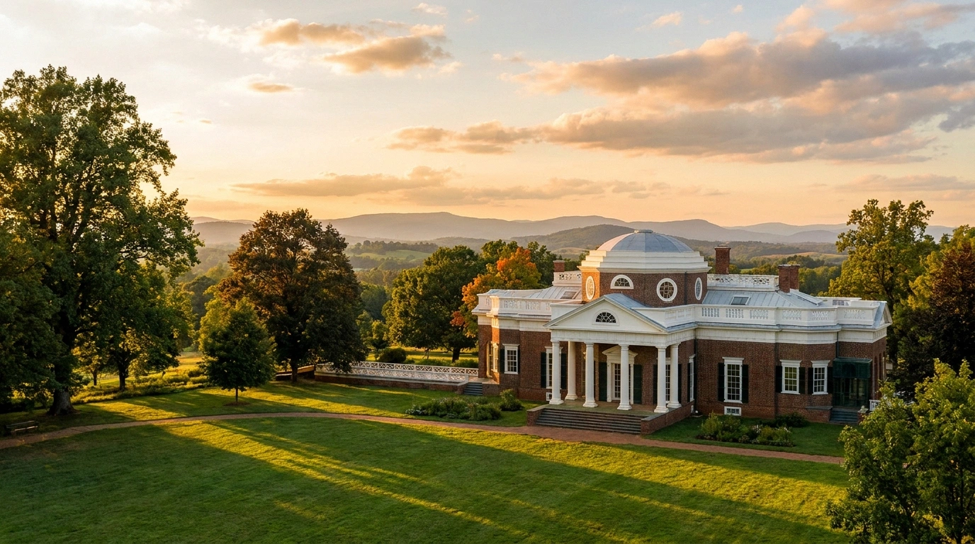 Monticello's red-brick west front with its white octagonal dome, columned portico, and broad green lawn, backed by the Blue Ridge foothills at sunset