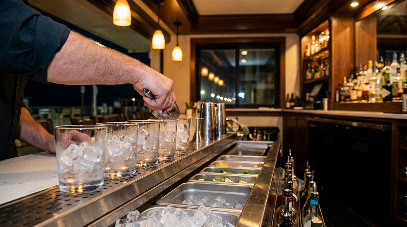 A bartender's bare hand and forearm working over a built-in stainless ice well, with a row of cube-filled glasses and garnish trays along the bar rail and a dark oceanfront window behind