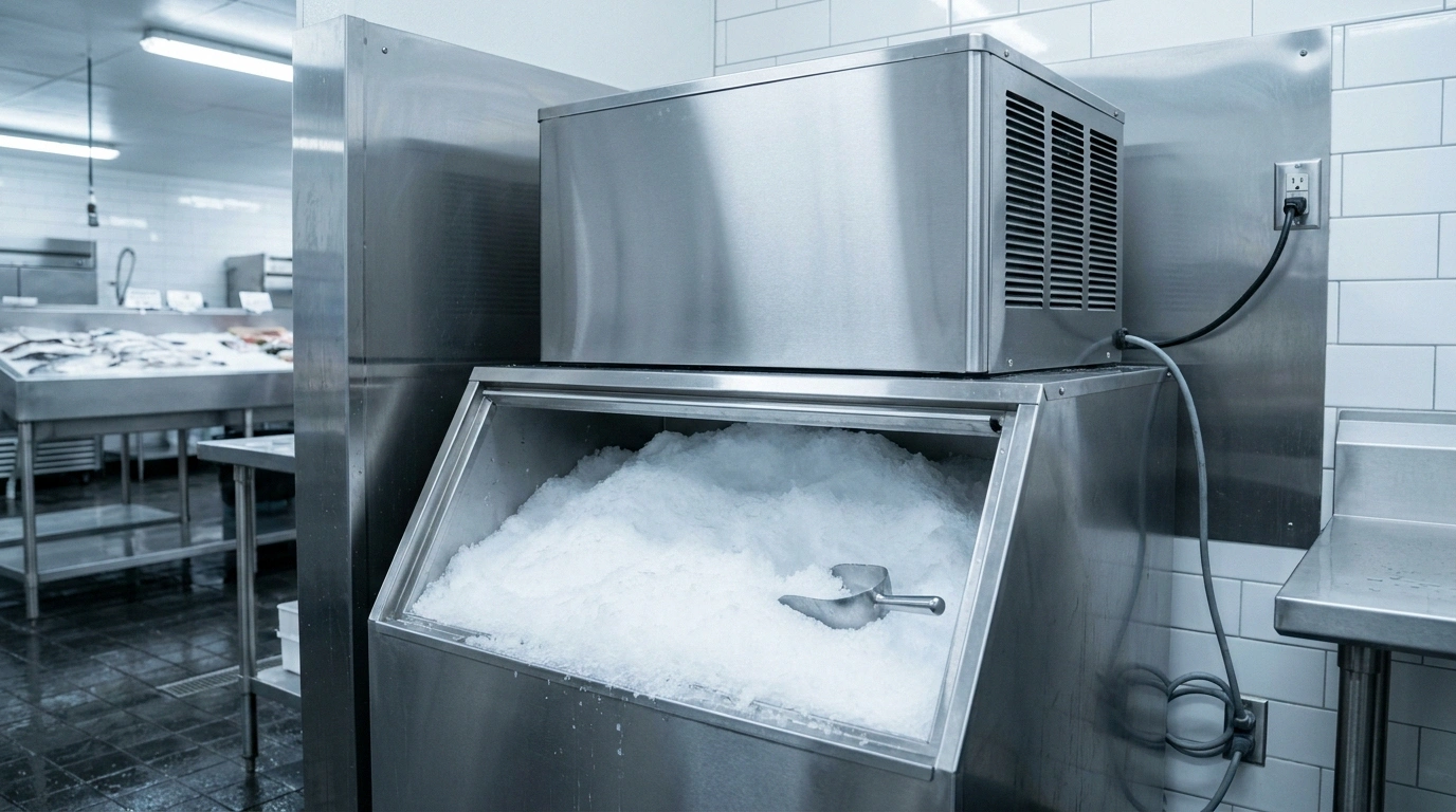 A commercial flake-ice machine over a bin filled with soft snow-like flake ice and a scoop in a white-tiled Washington seafood kitchen