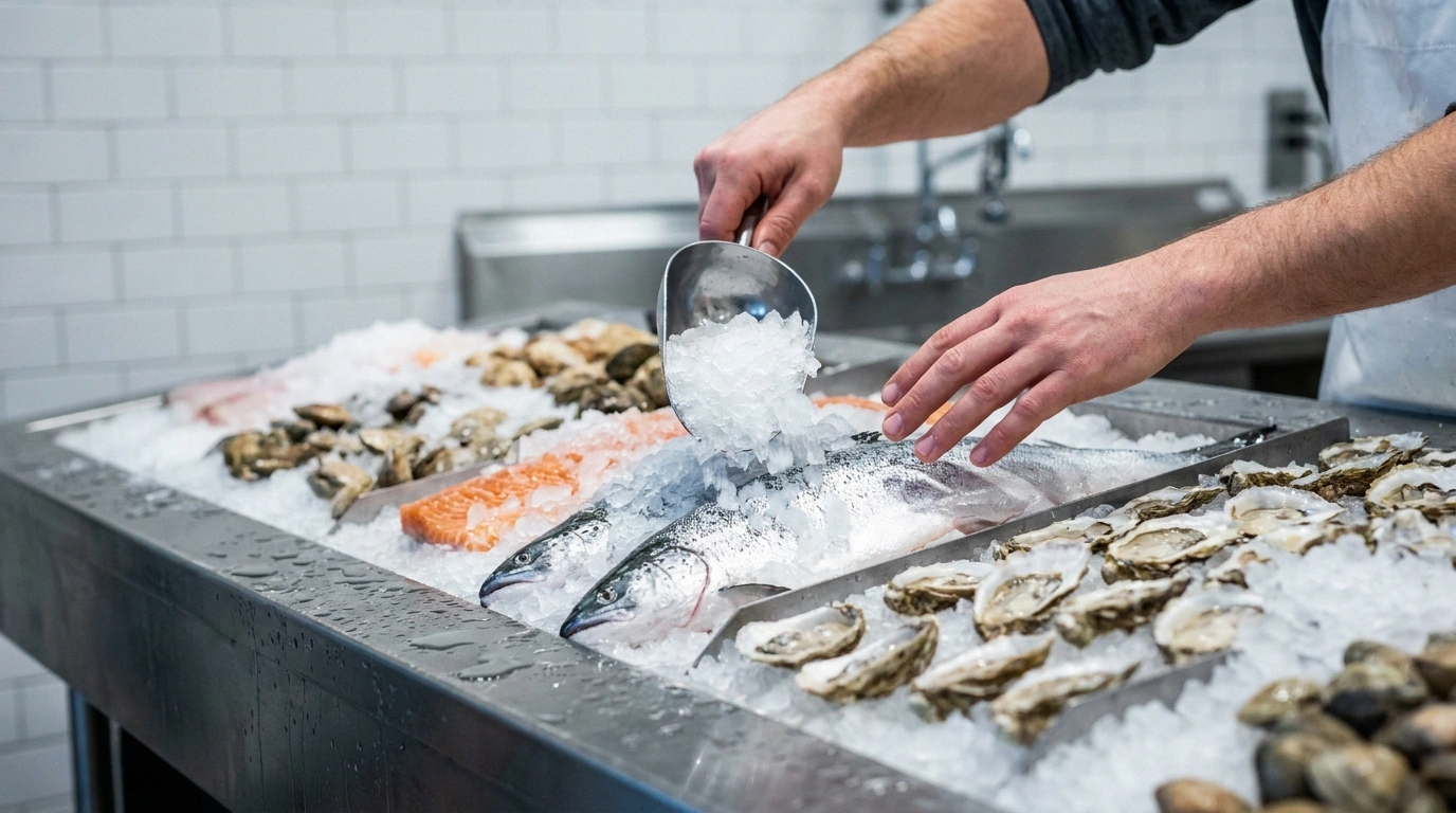 Hands packing ice over fresh salmon and oysters on a stainless seafood display counter with white tile in a Washington market