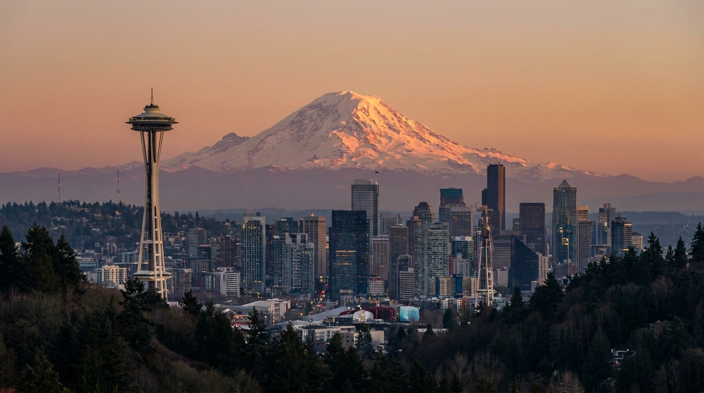 The Space Needle and downtown Seattle skyline with snow-capped Mount Rainier behind at sunset, Washington