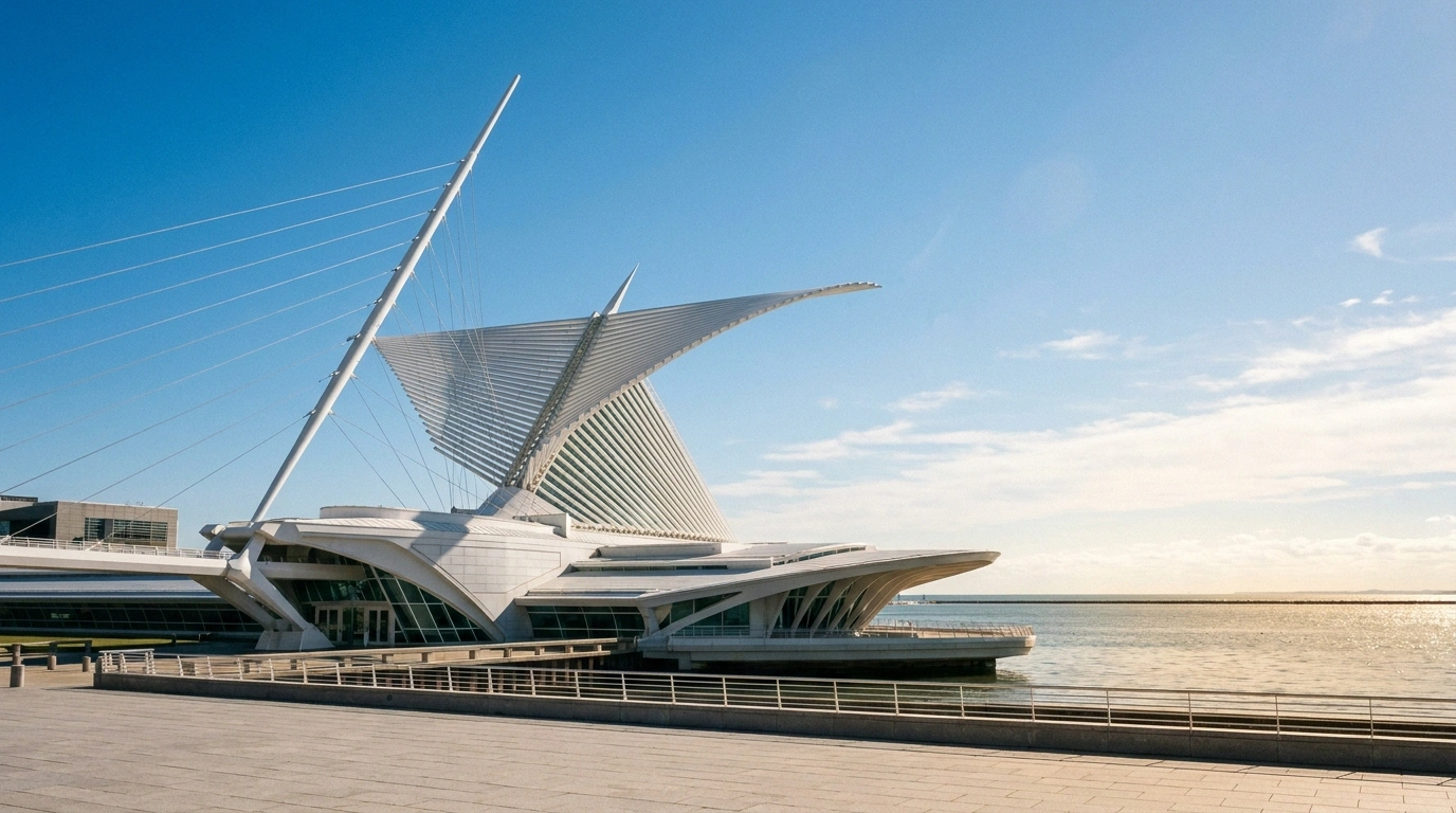 White sculptural Calatrava-designed Milwaukee Art Museum pavilion with its movable steel sunscreen wings fully open against a blue sky, beside calm Lake Michigan water and a lakefront promenade