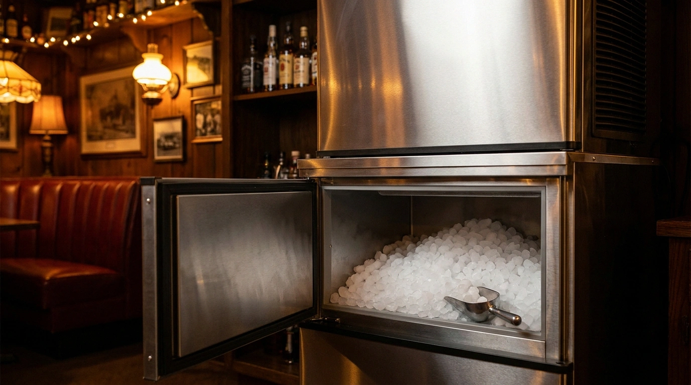 A stainless commercial nugget-ice maker over an open bin filled with soft white chewable pellet ice and a metal scoop, set against a wood-paneled supper-club back-bar with a Tiffany lamp, leather booth, vintage framed photos, and liquor bottles