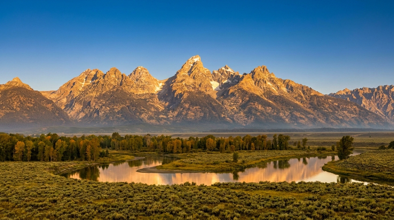 The Teton Range at golden hour above a calm bend of the Snake River in Grand Teton National Park, Wyoming