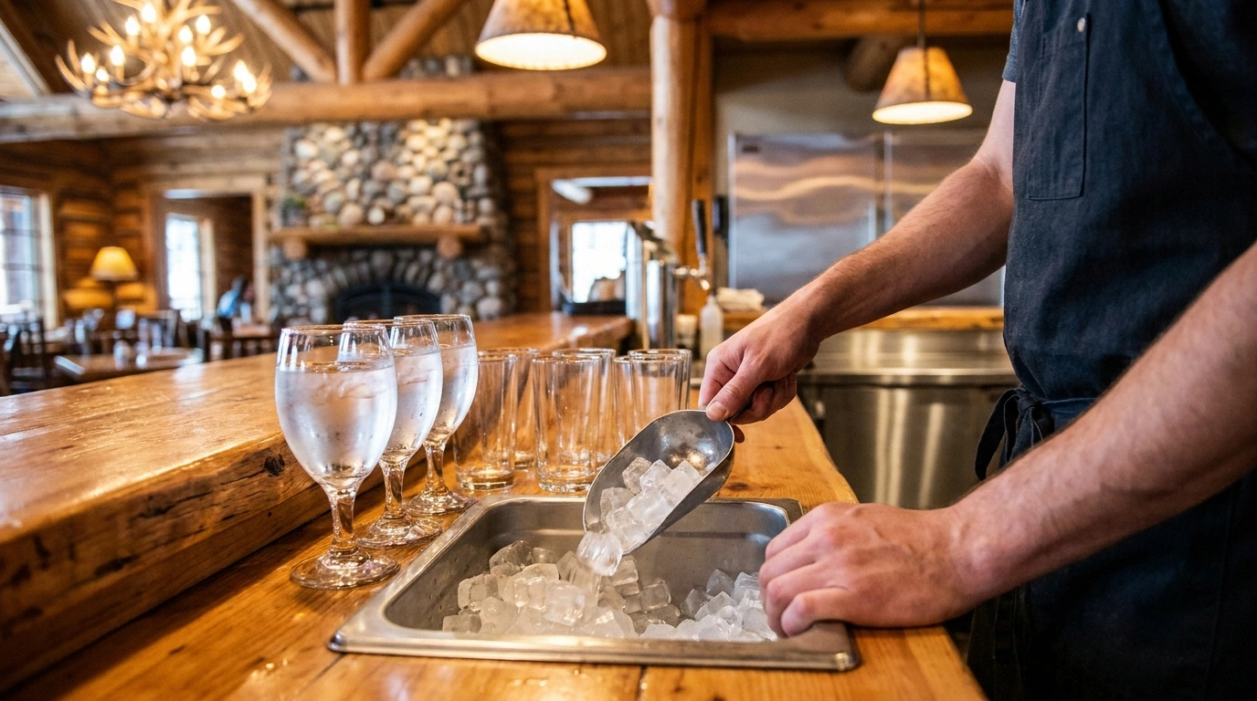 A hand scooping ice into stemmed glasses on a timber bar in a log-walled Wyoming mountain lodge with an antler chandelier and stone fireplace